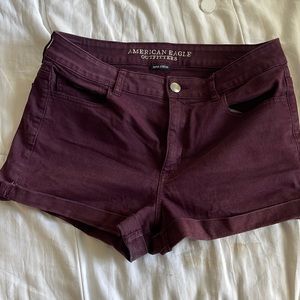 American Eagle maroon denim super stretch hi rise shortie shorts
